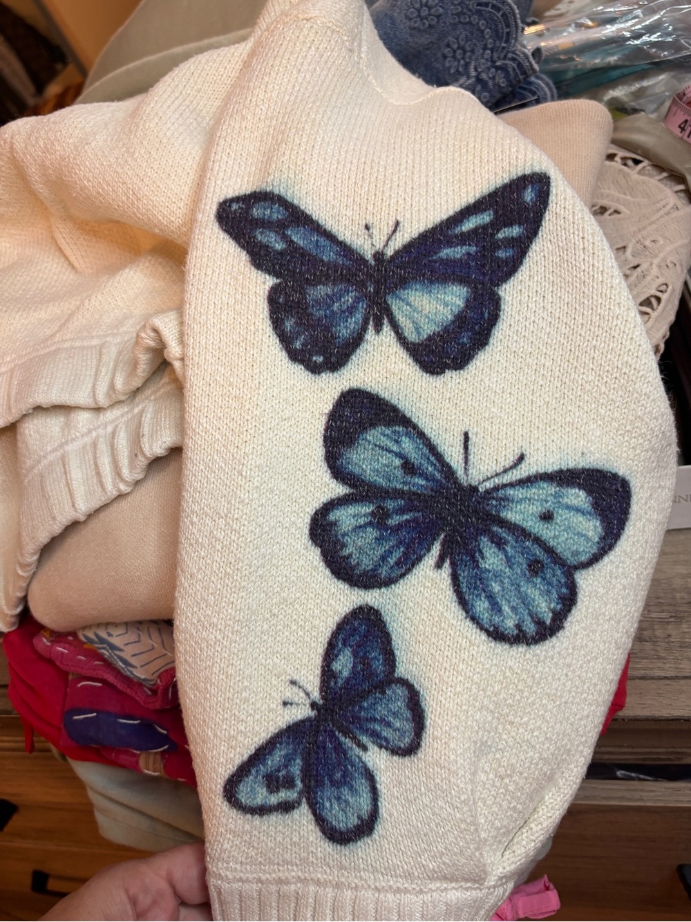 Butterfly Long Sleeve Crew Sweater-Cream with Blue Butterflies-Size Medium - Picture 10 of 13